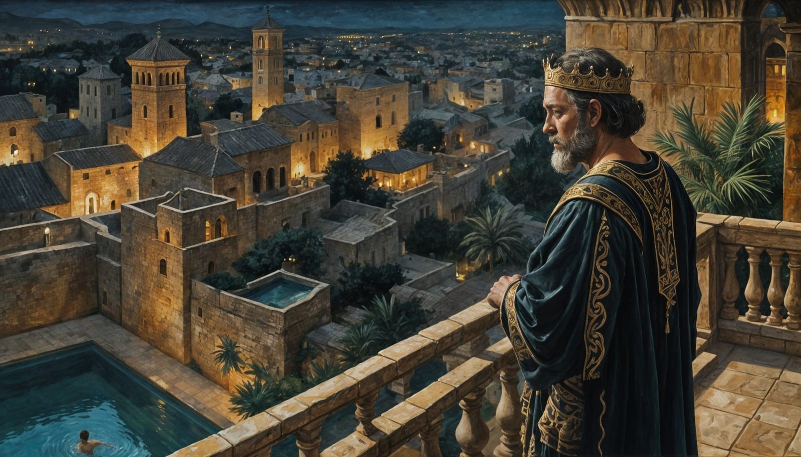 King Observes Bathsheba: Impressionist Gouache Painting