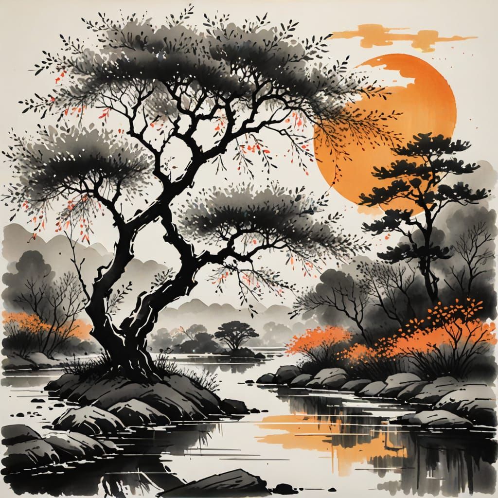 Chinese Ink Painting of a Serene Willow Tree at Sunset