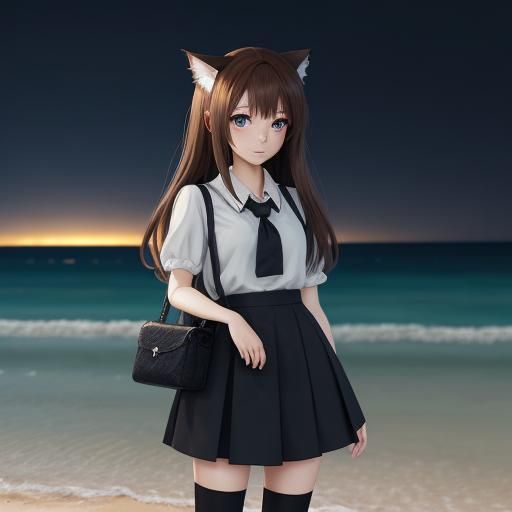 Adorable Chibi Catgirl on Beach at Night in Anime Style