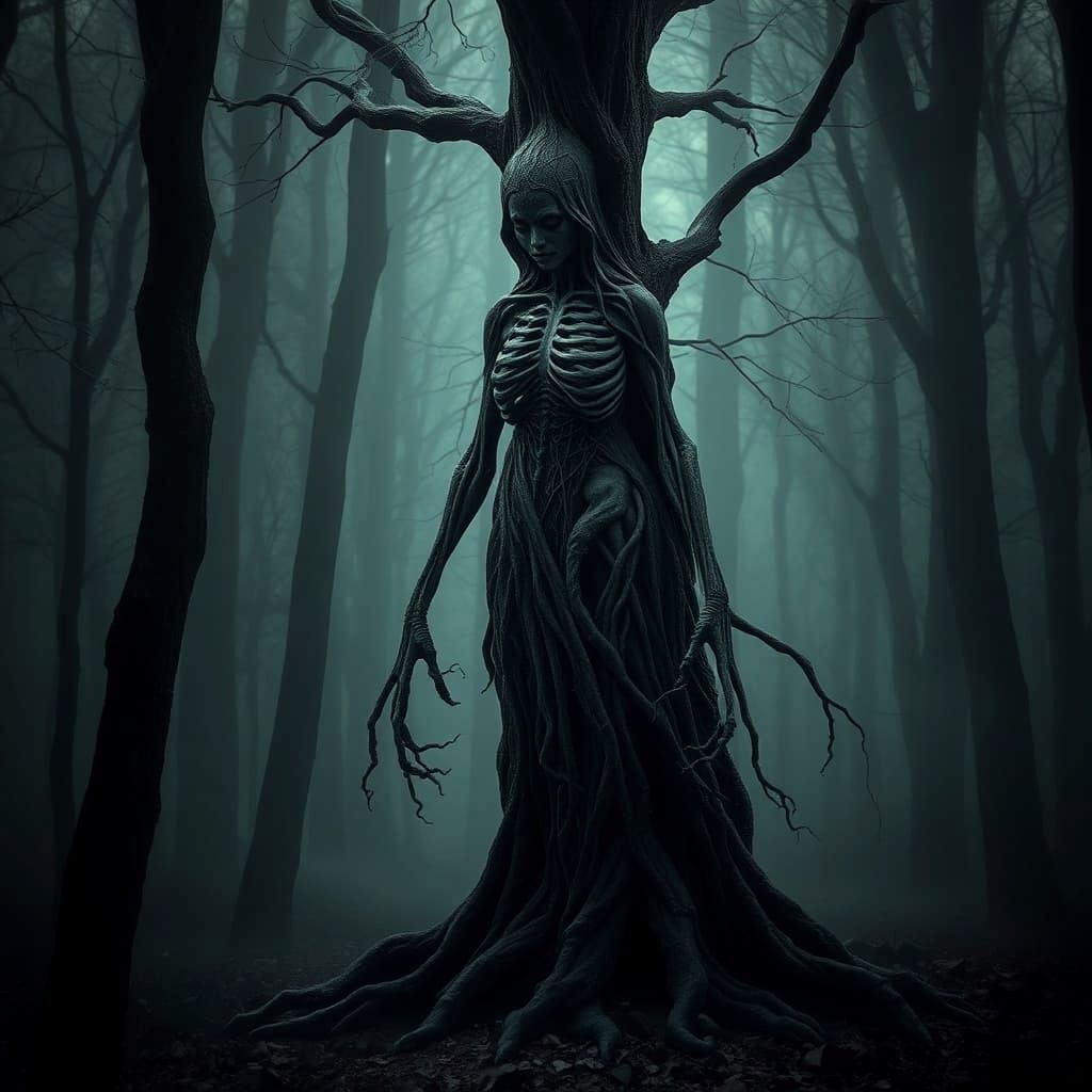 Eerie Tree Woman Emerges from Noir Forest