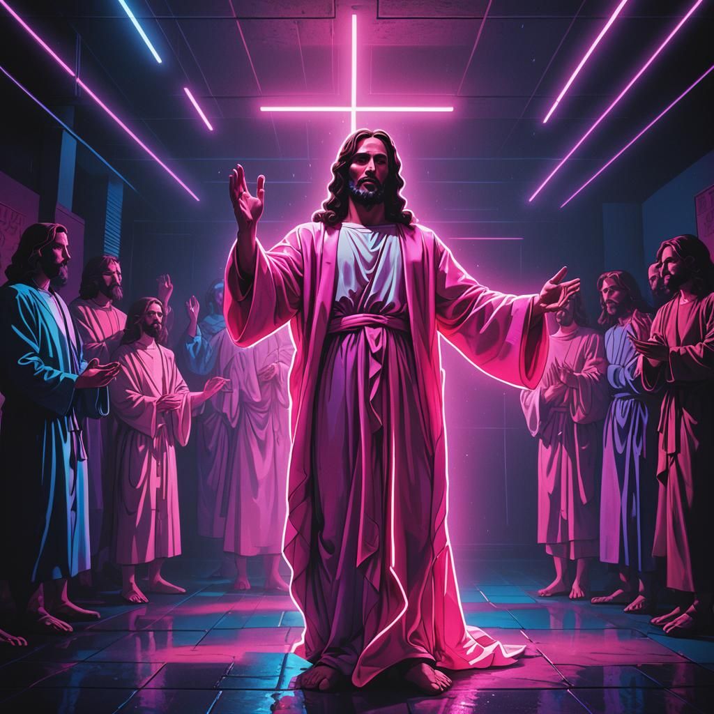 Jesus Appears to Apostles in Synthwave Neon Style