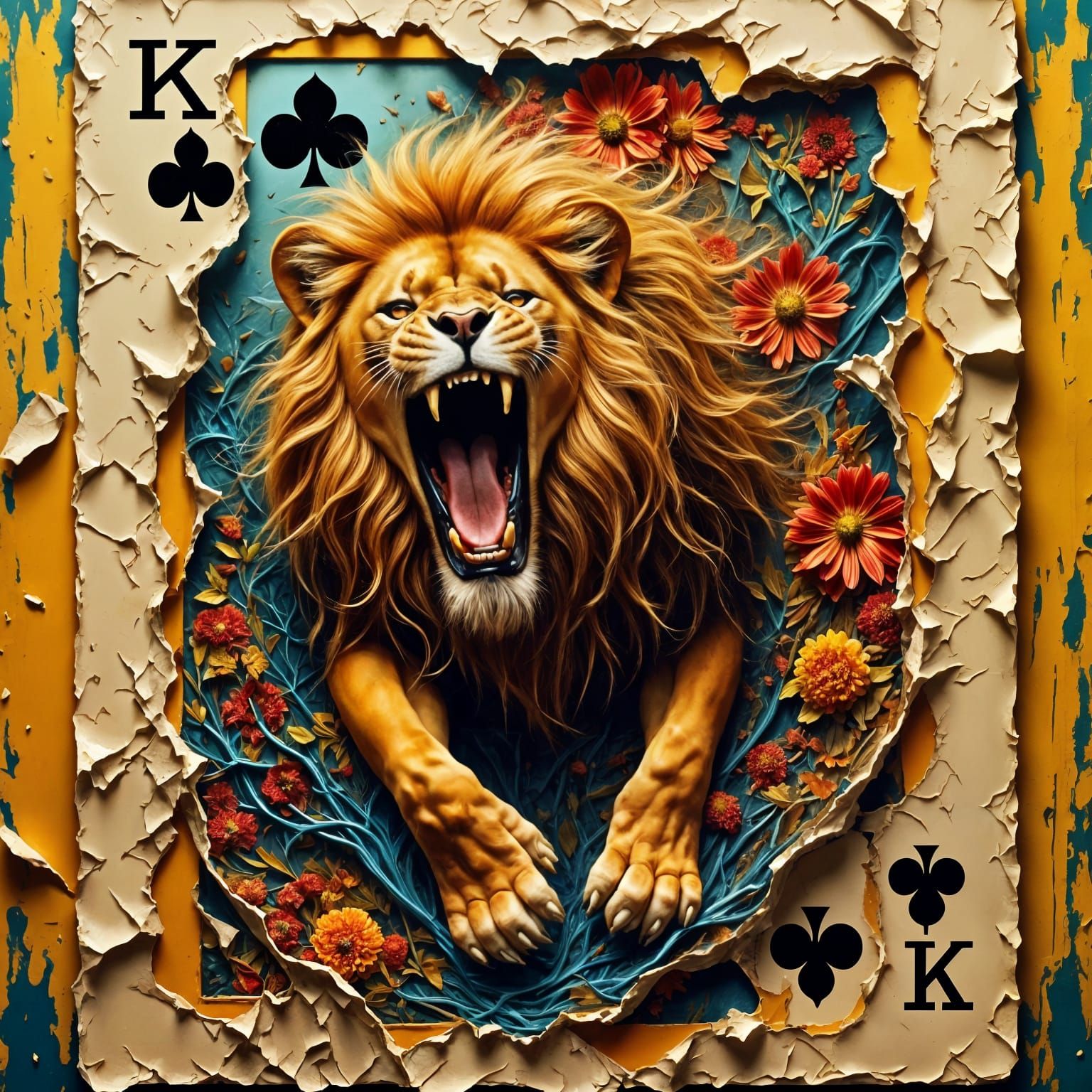 Regal Lion Erupts from a Playing Card in Neo-Impressionist S...