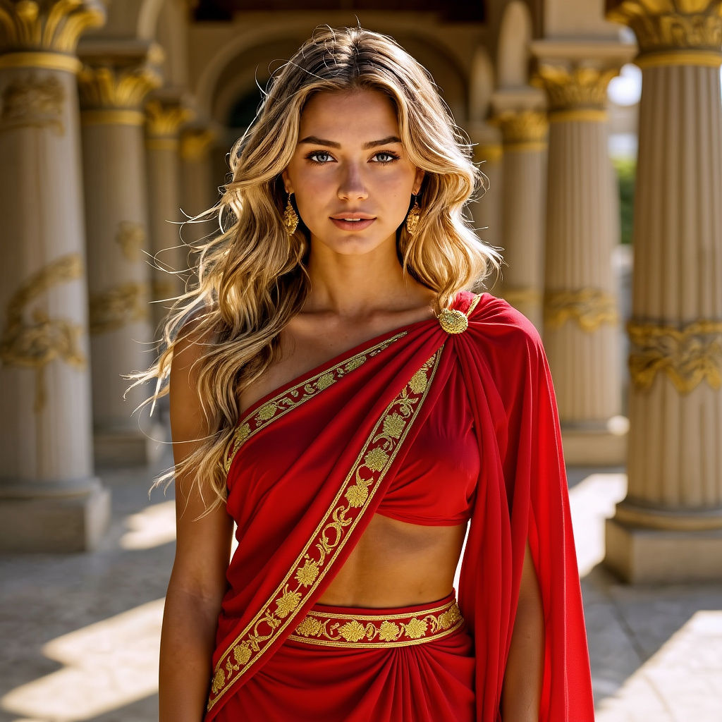 Young Greek Goddess with Golden Hair in Temple