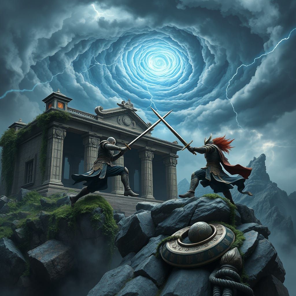 Epic Temple Ruin Duel Amidst Turbulent Skies
