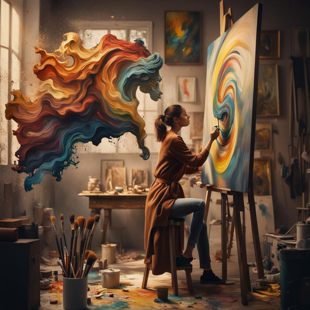 A woman is painting in front of the easel a surreal shape, the surreal model that the woman is painting jumps halfway of...