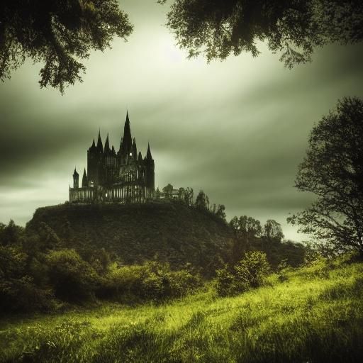 Ethereal Dark Fantasy Castle Under Starry Sky