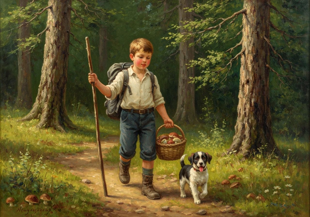 Boy Hiking with Puppy in Forest, Impressionist Oil Painting