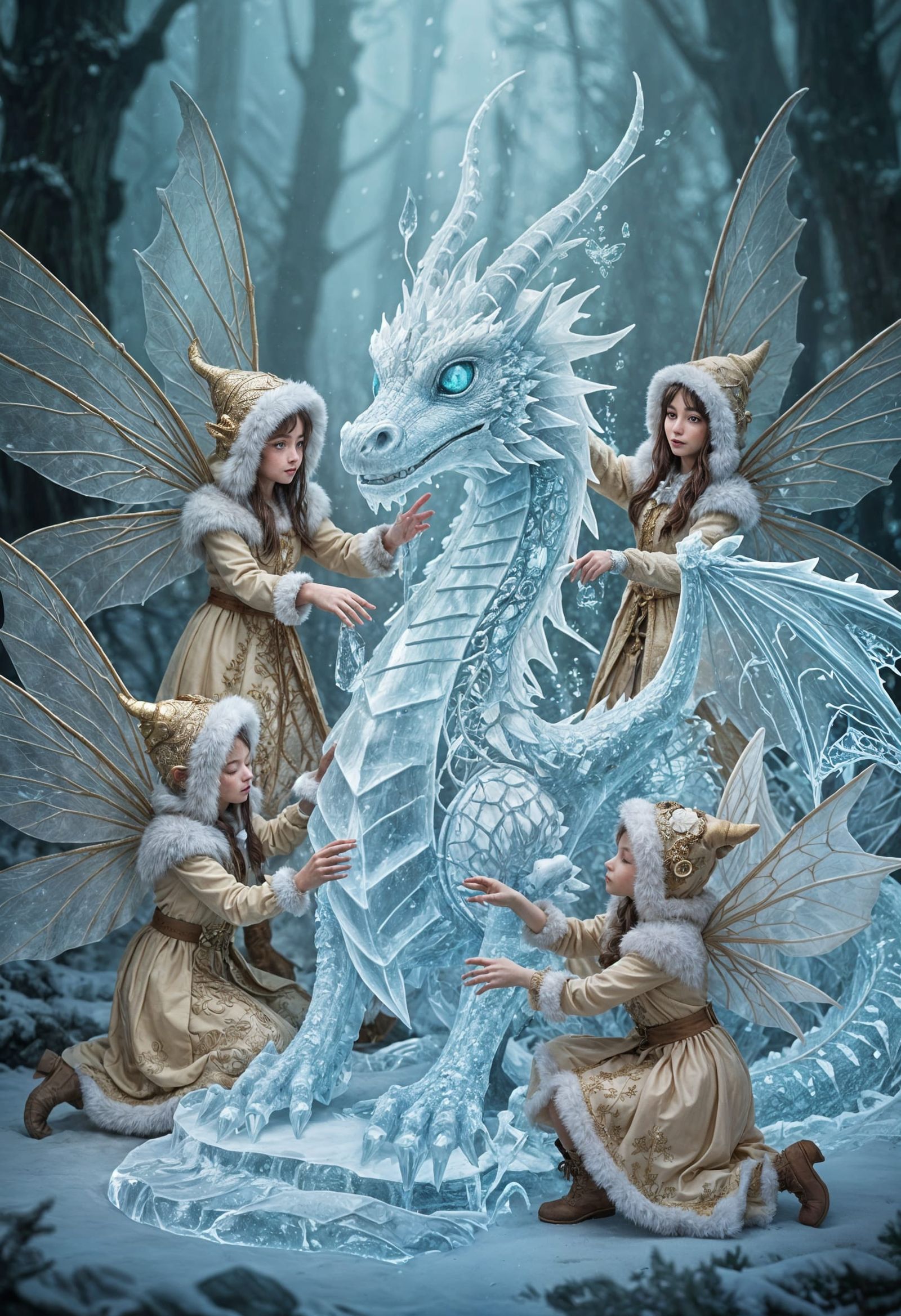 Winter Fairies Sculpting an Ice Dragon in Enchanted Forest