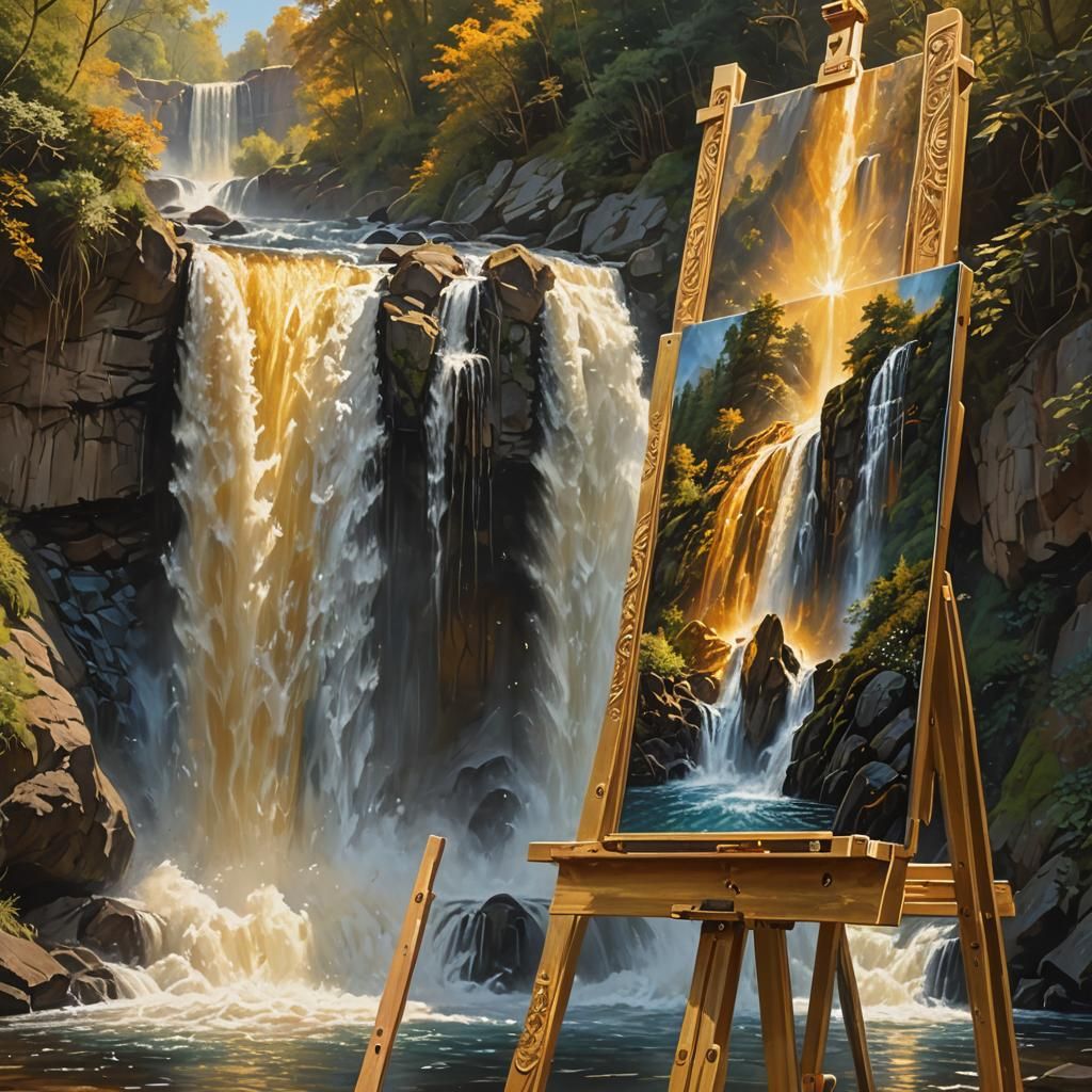 Beautiful painting of a waterfall mounted on an easel