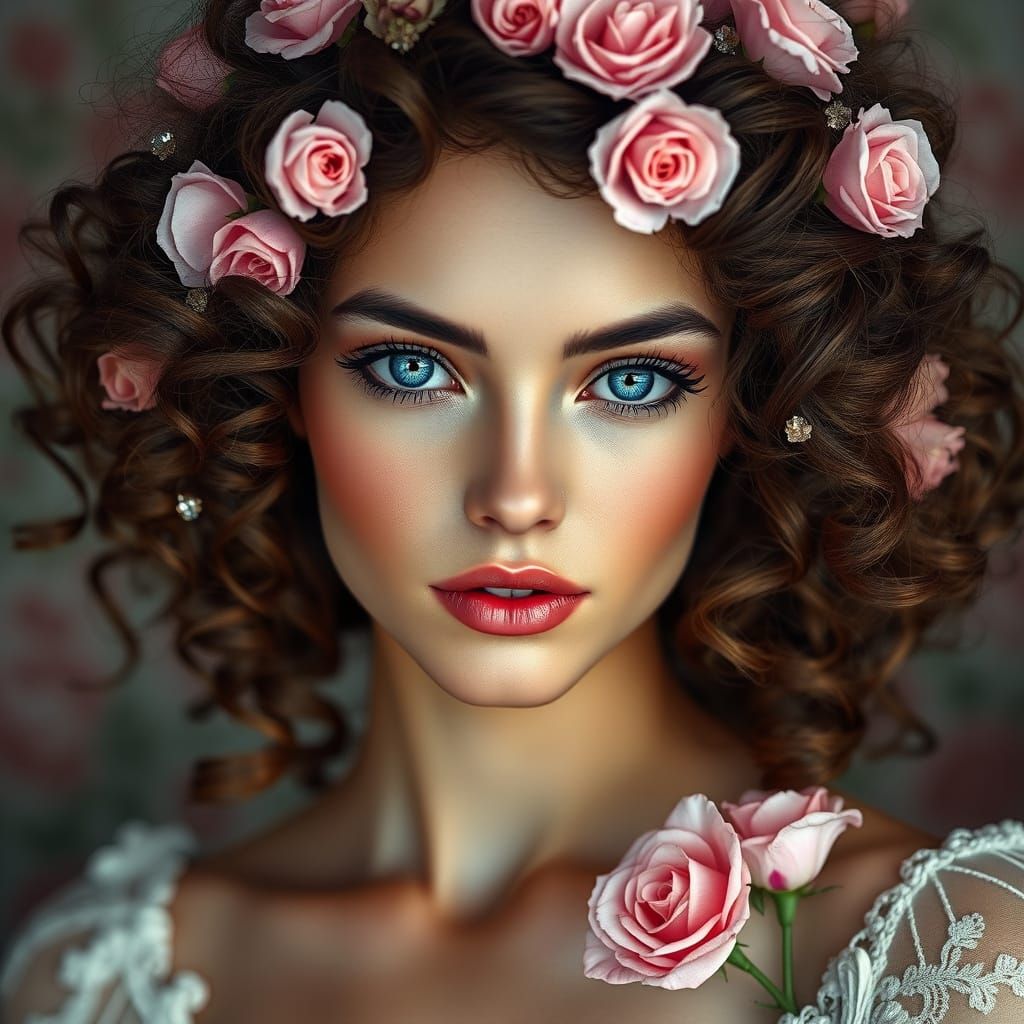 A serene portrait of a beautiful woman with , curly hair adorned with tiny pink roses. Her striking blue eyes and soft m...