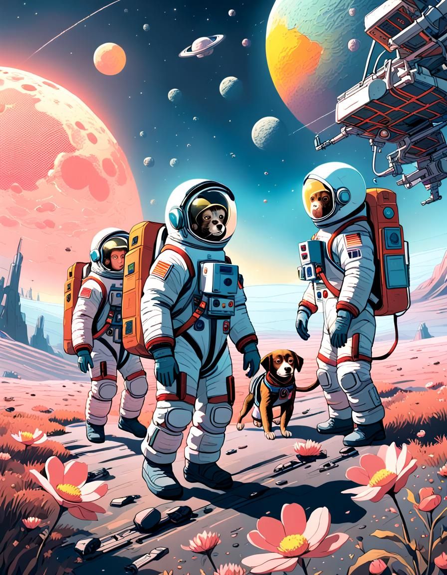 Children in Spacesuits Fly Through Sunset Space