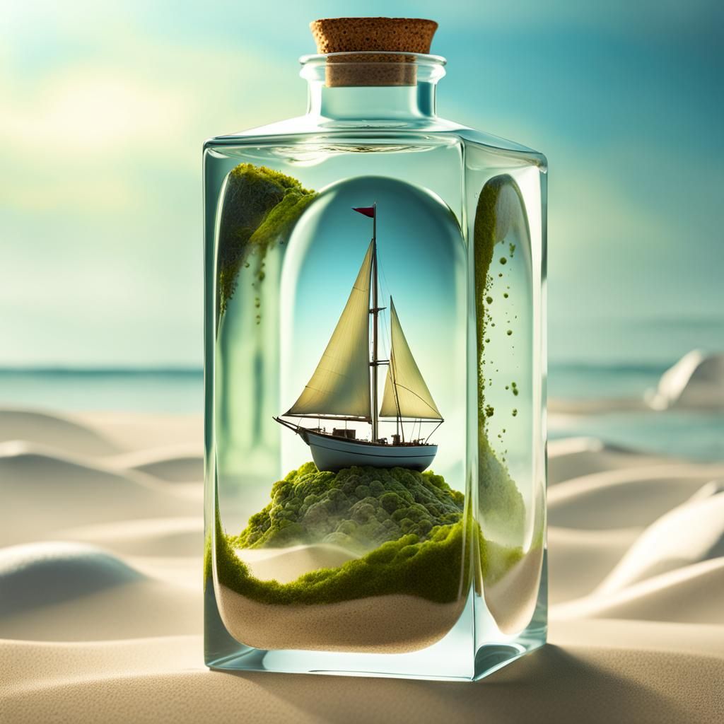 Surreal Sailboat in Glass Cube: Dreamy Macro Photograph