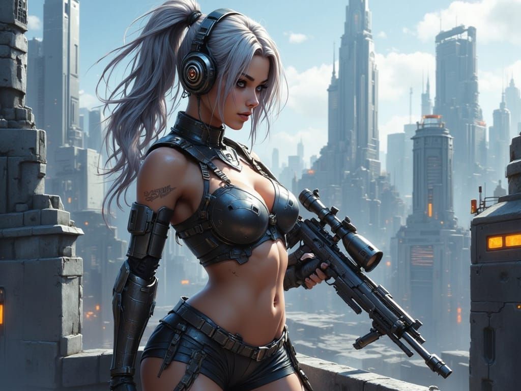 Cyberpunk Sniper Girl on Rooftop Cityscape