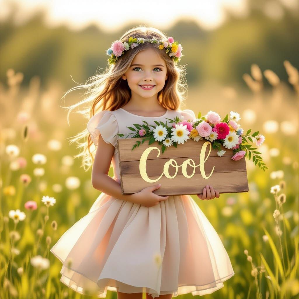 Girl in Meadow with Flower Board, Dreamy Art