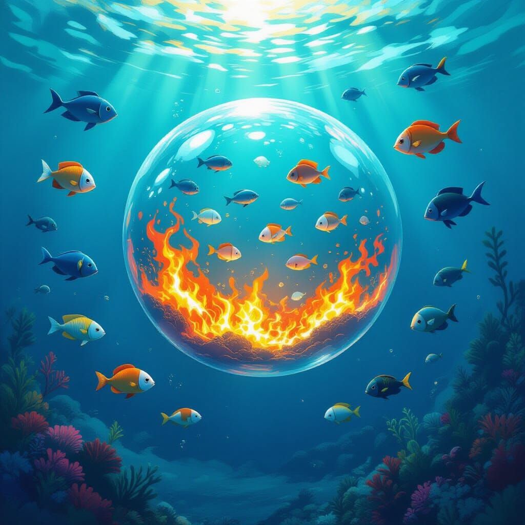 Fiery Bubble in Ocean with Sea Creatures