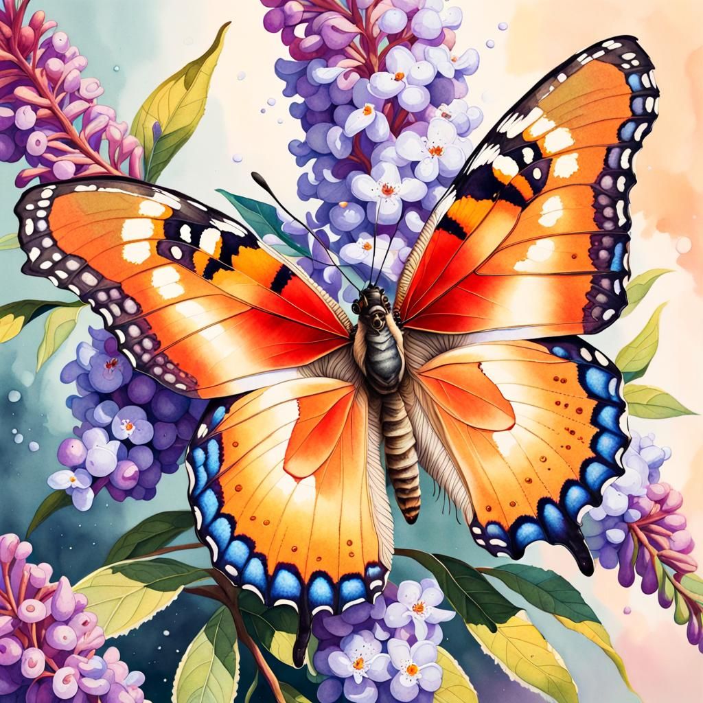 Hyperrealistic Butterfly on Bush Watercolor Art