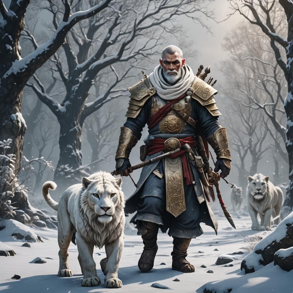Khajiit Monk Warrior and Lion in Winter Landscape