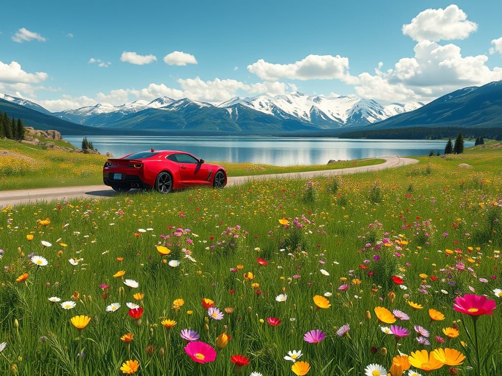 Vibrant Meadow Scene with Red Sports Car and Majestic Mounta...