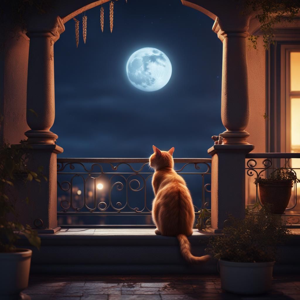 Moonlit Balcony Cat in Detailed Fantasy Art