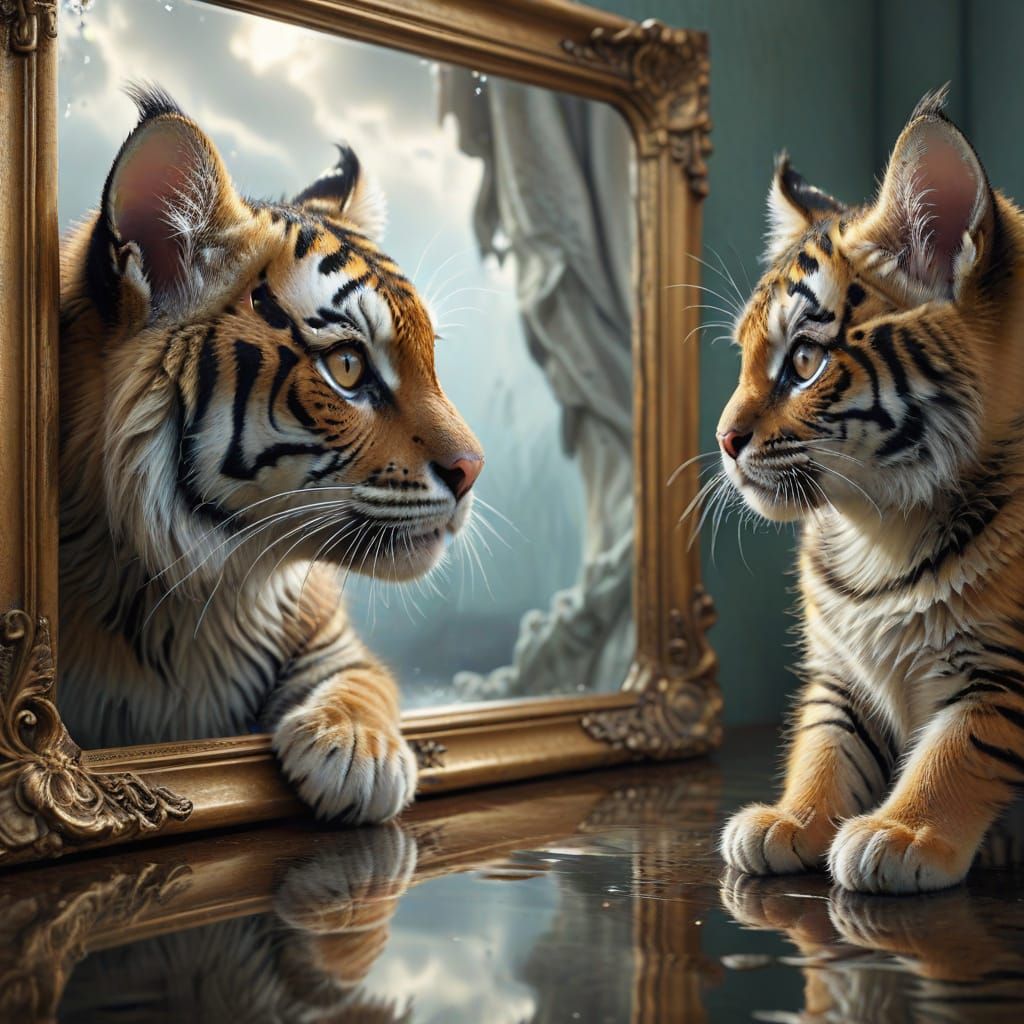 A kitten looking at herself in a cloudy mirror with a full s...
