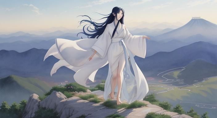 Korean Woman on Mountain in Anime Watercolor