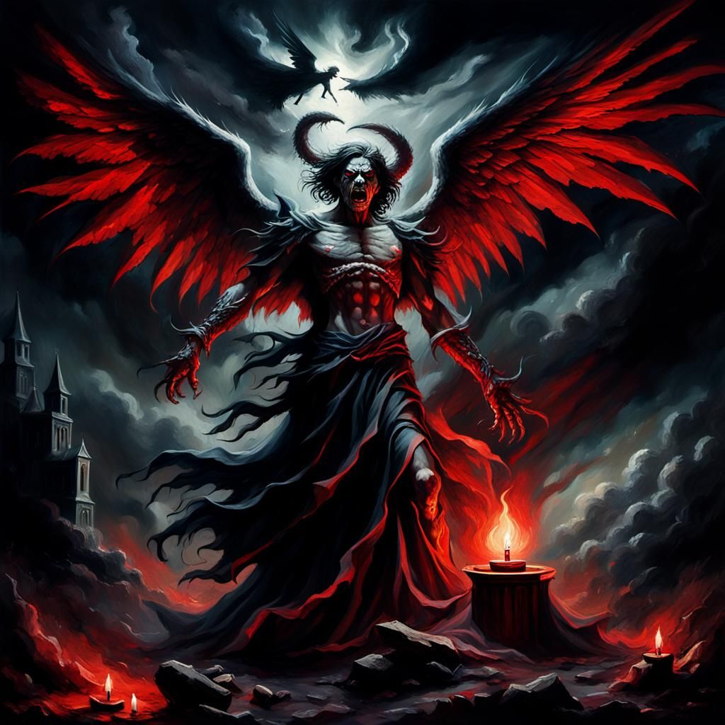 Demon Battles Angel in Dark Gothic Oil Painting