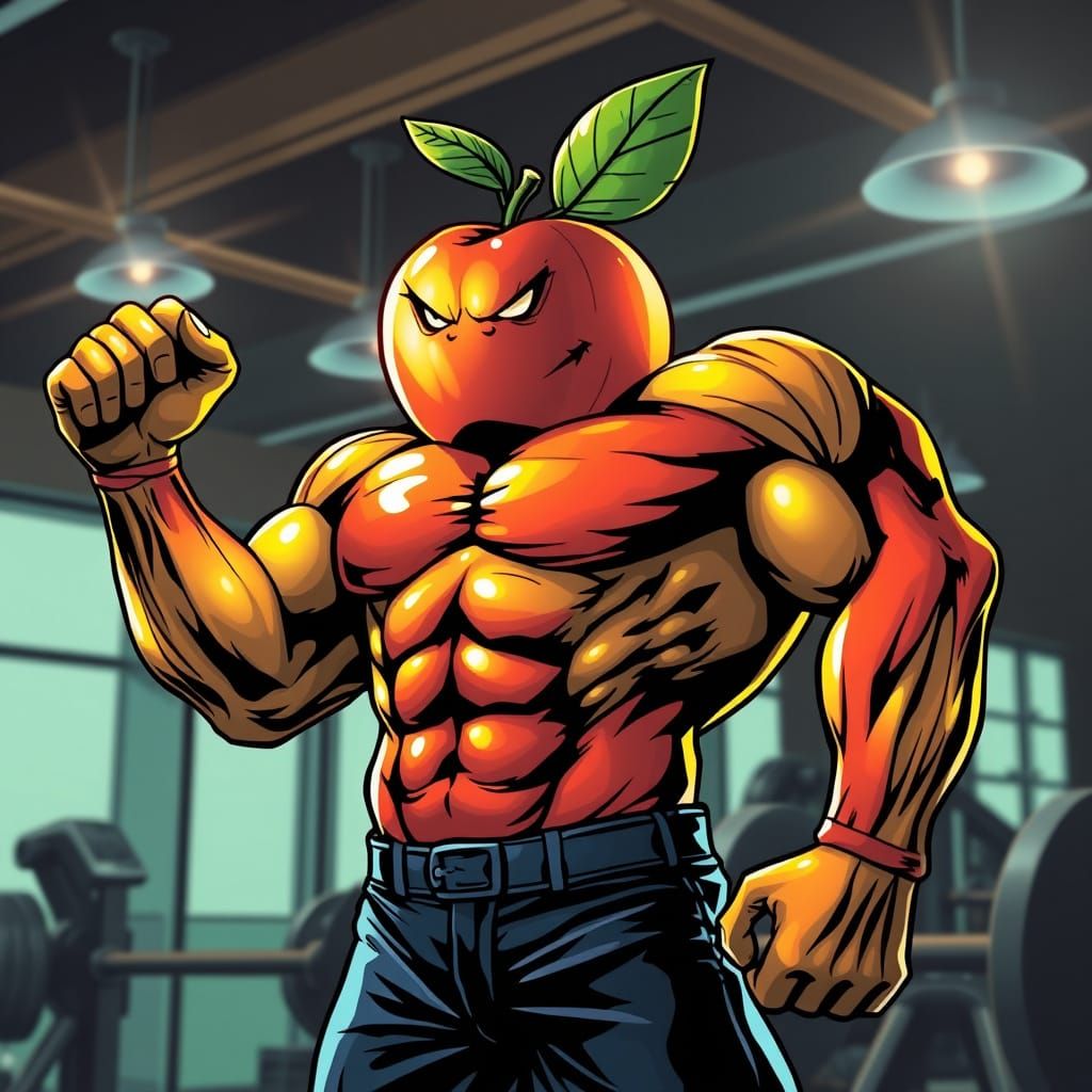 Muscular Apple Bodybuilder Flexing in Comic Style