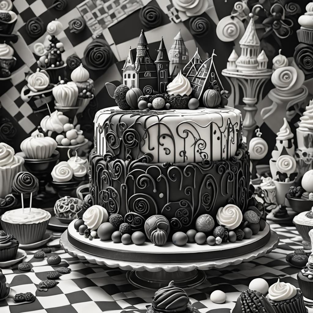 Monochrome Cake with Edible Decorations in Fantasy Style
