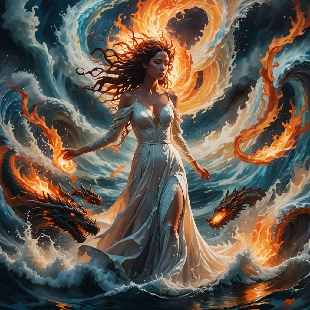 Surreal Woman with Dragon in Fire and Water