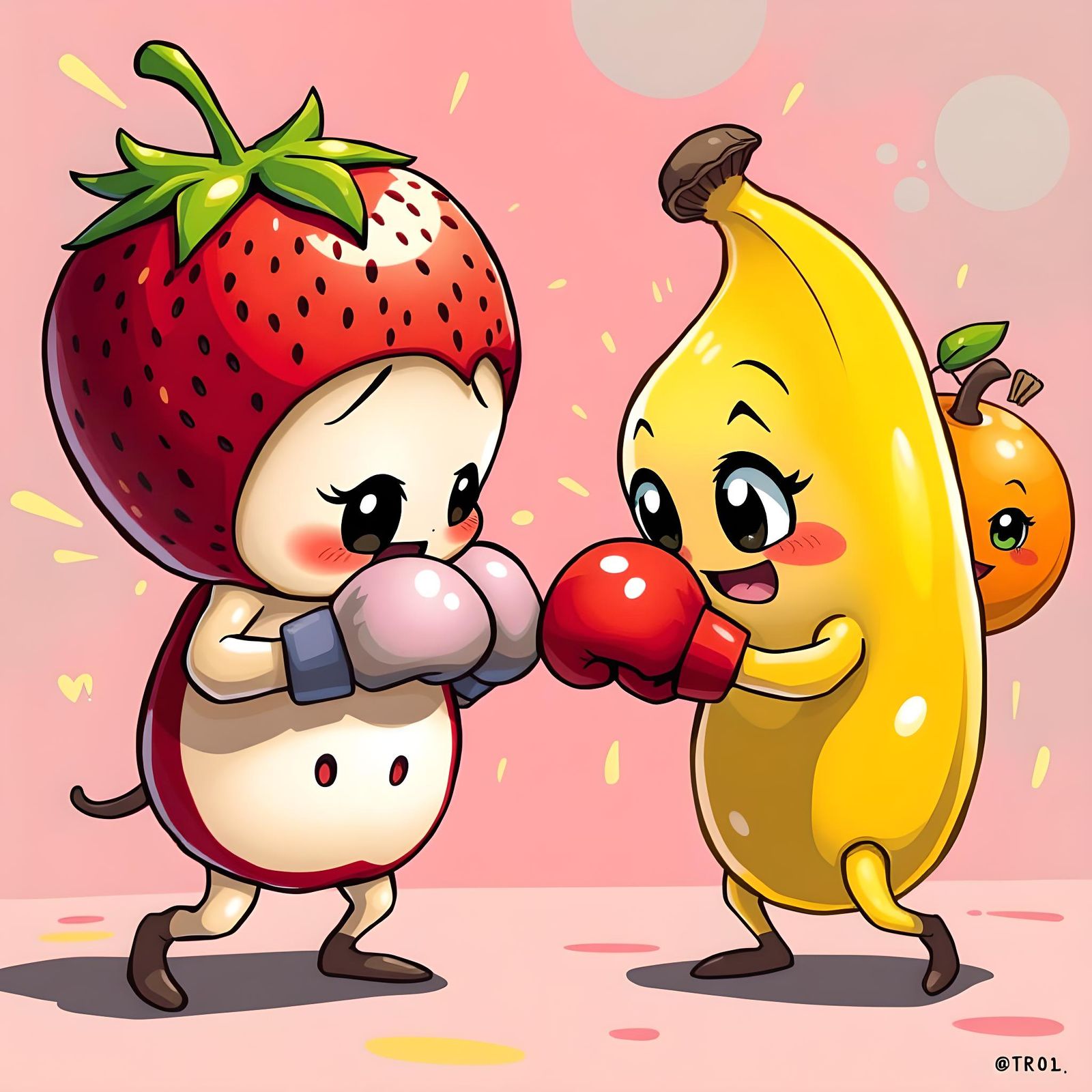 Adorable chibi-style fruits are engaged in a playful boxing ...