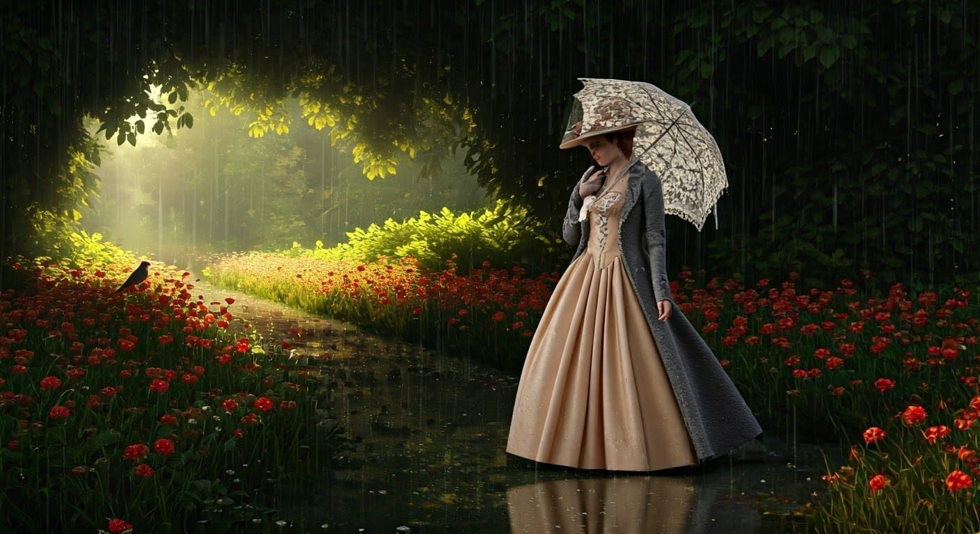 Woman in Gown Walking in Rain with Lace Umbrella