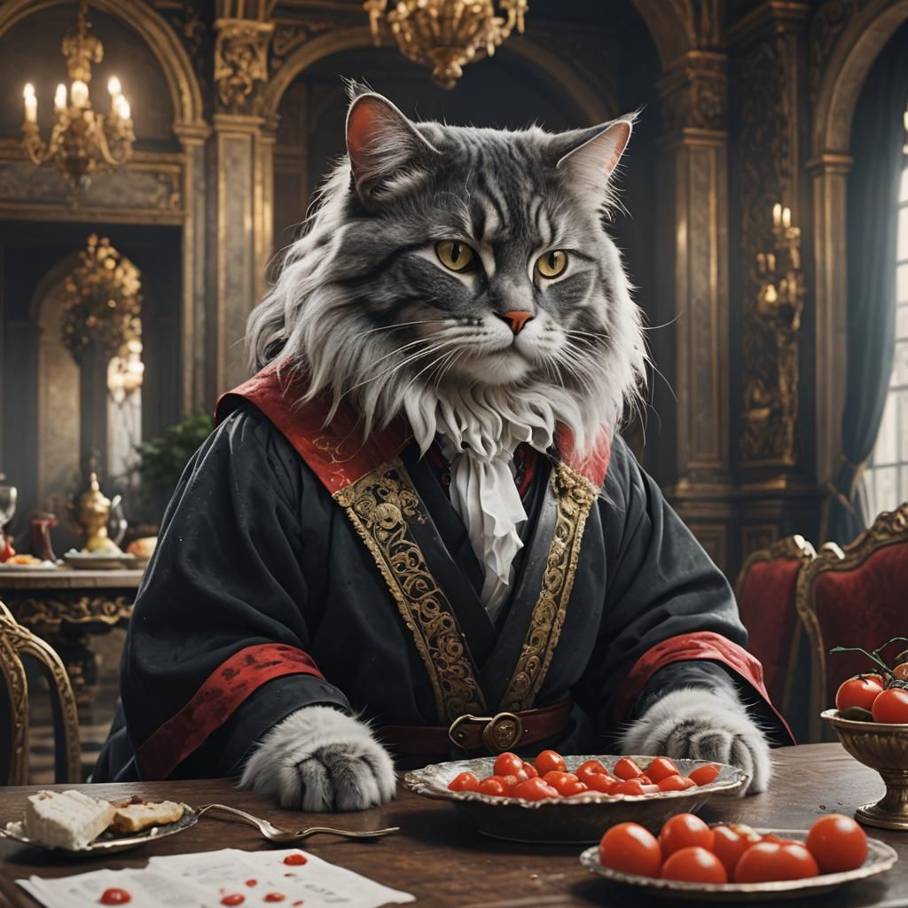 Noble Cat in Royal Robe Enjoying Tomatoes