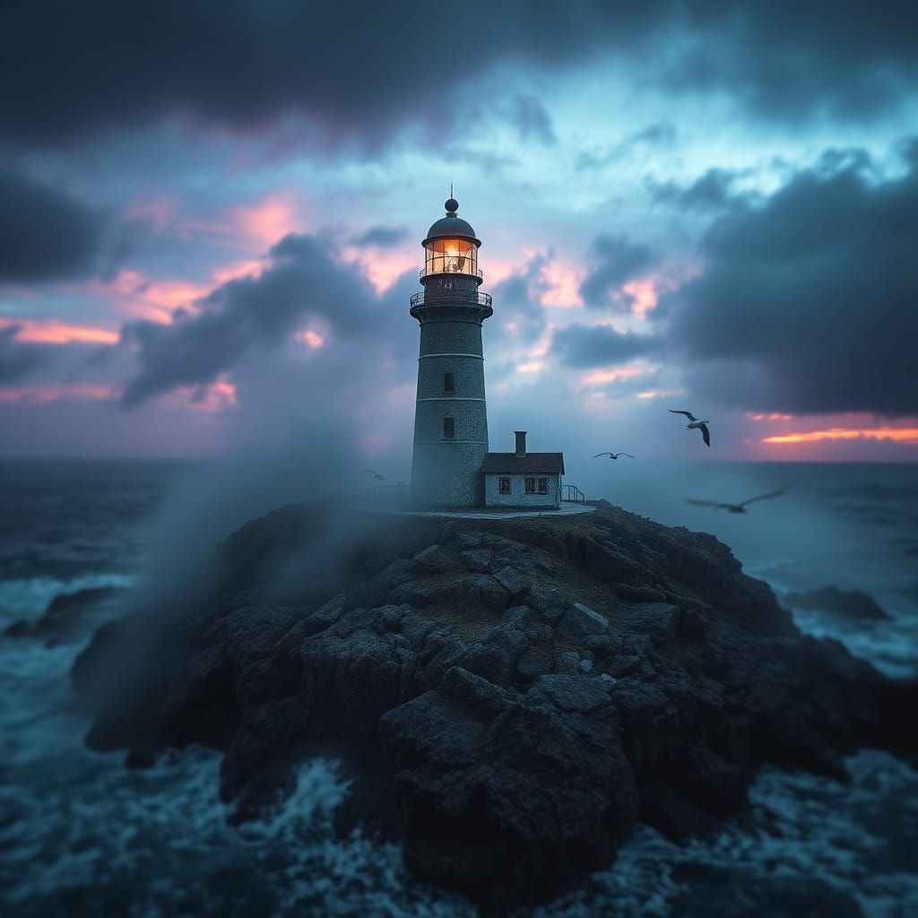Stormy Twilight: Abandoned Lighthouse in Hyperrealism