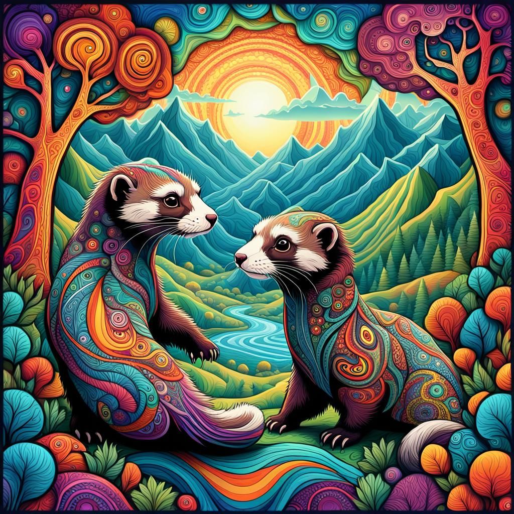 Psychedelic Ferrets in Folk Art Style