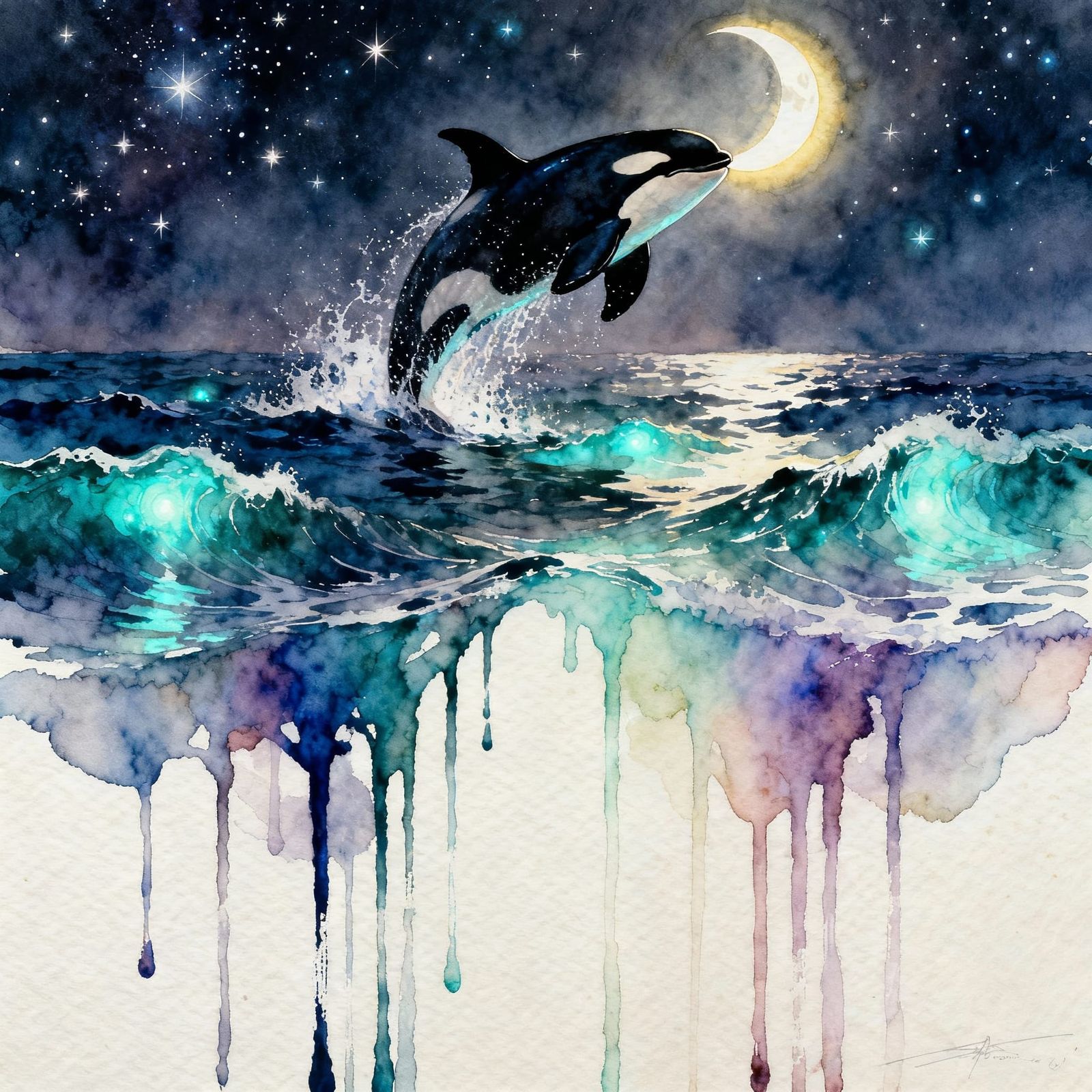 Orca Jumps From Ocean to Touch Moon in Watercolor Splash Art