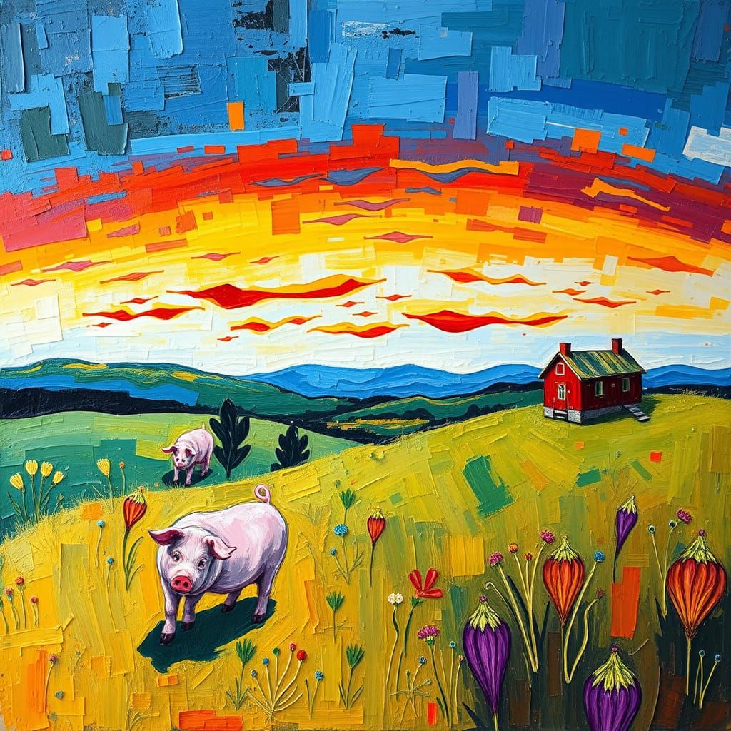 Surreal Pig Farm in Expressionist Oil Painting Style