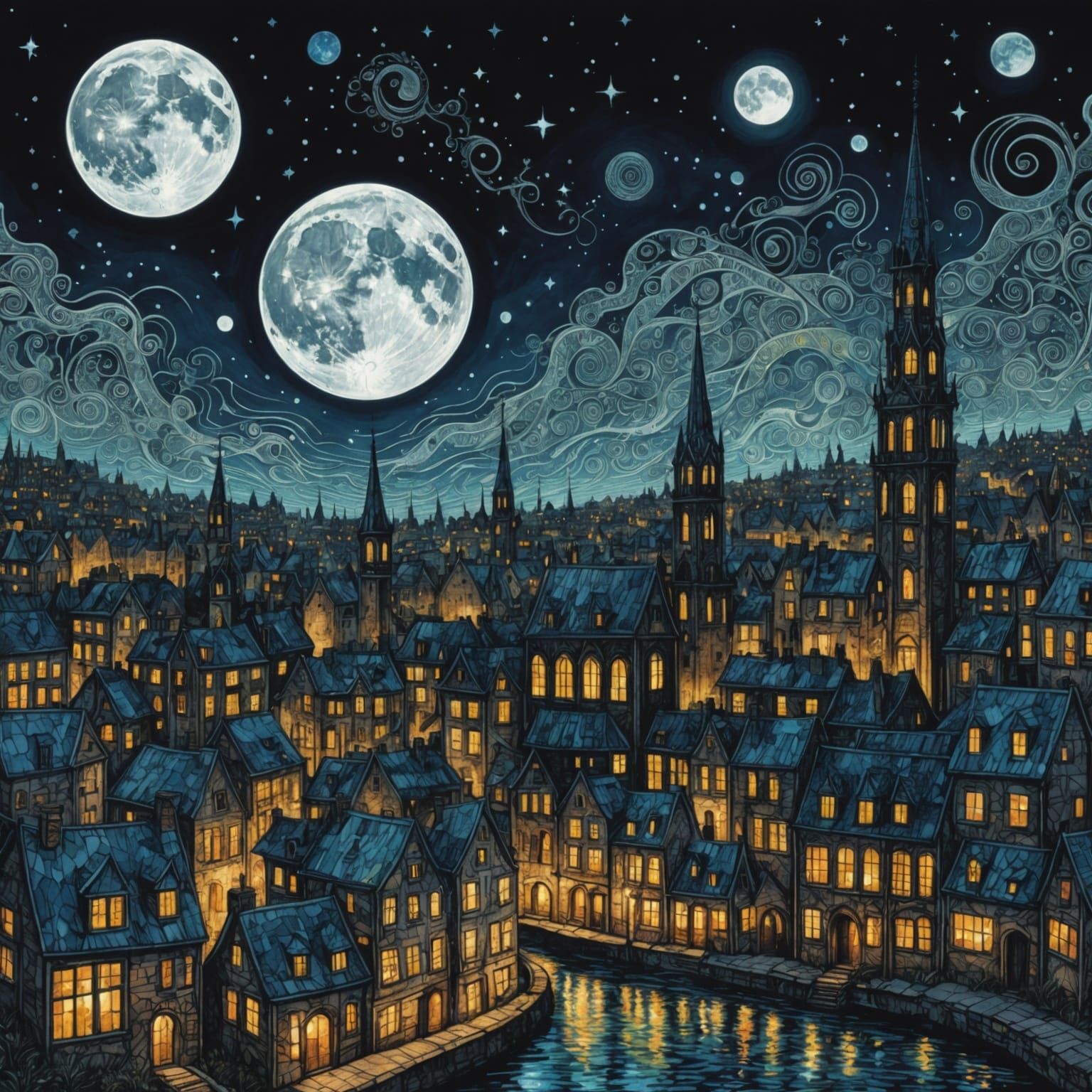 Macabre Moonlit Cityscape with Prismatic Zendoodle
