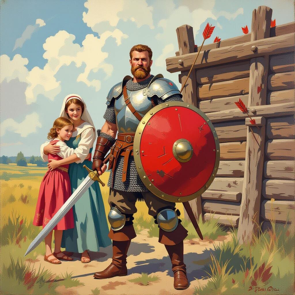 Heroic Russian Warrior with Sword and Shield in Gouache Styl...