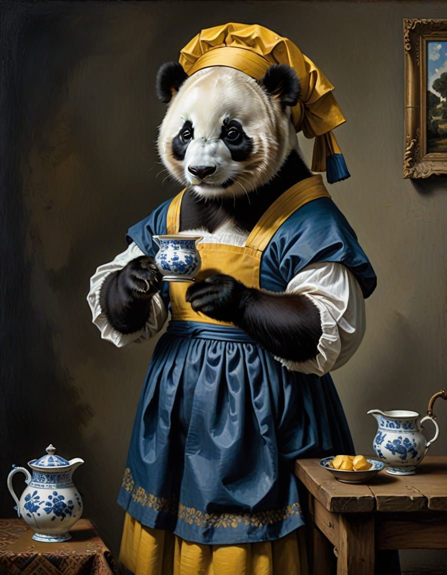Anthropomorphic Panda in Blue Dress as Dutch Masterpiece