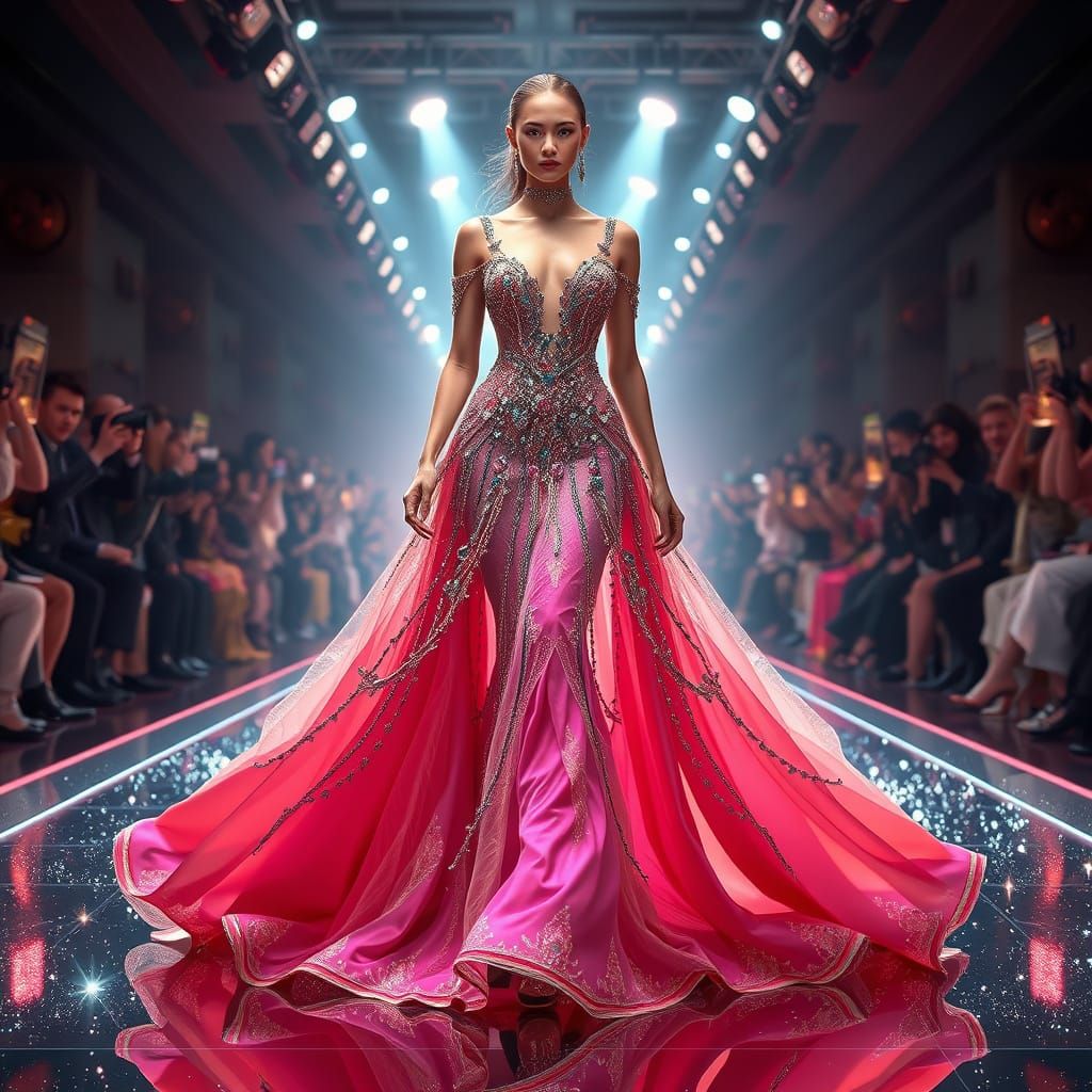 Haute Couture Model Struts Down Futuristic Catwalk in High-F...