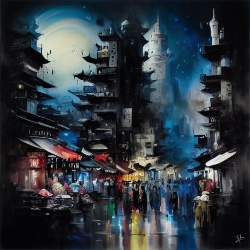 Intergalactic Bazaar in Surreal Ink Splash Style