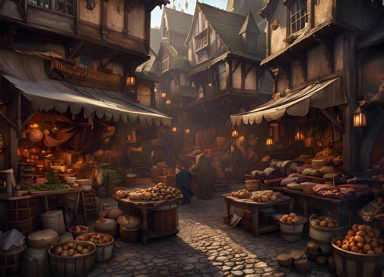 Chaotic Medieval Market in Detailed Matte Painting