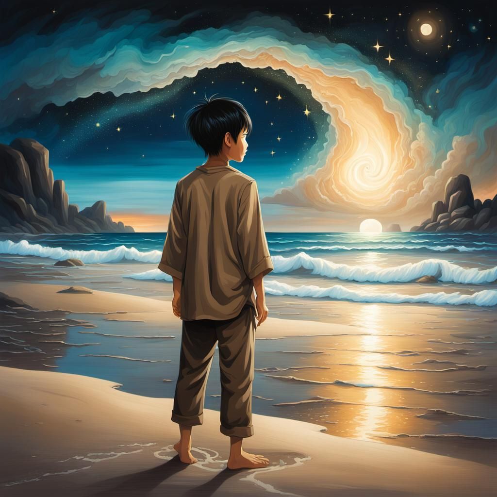 Glowing Bioluminescent Ocean Painting of Asian Boy