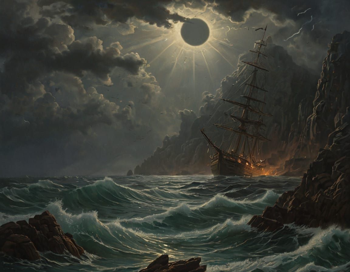 Ancient Greek Sailing Ship in a Dark Stormy Night