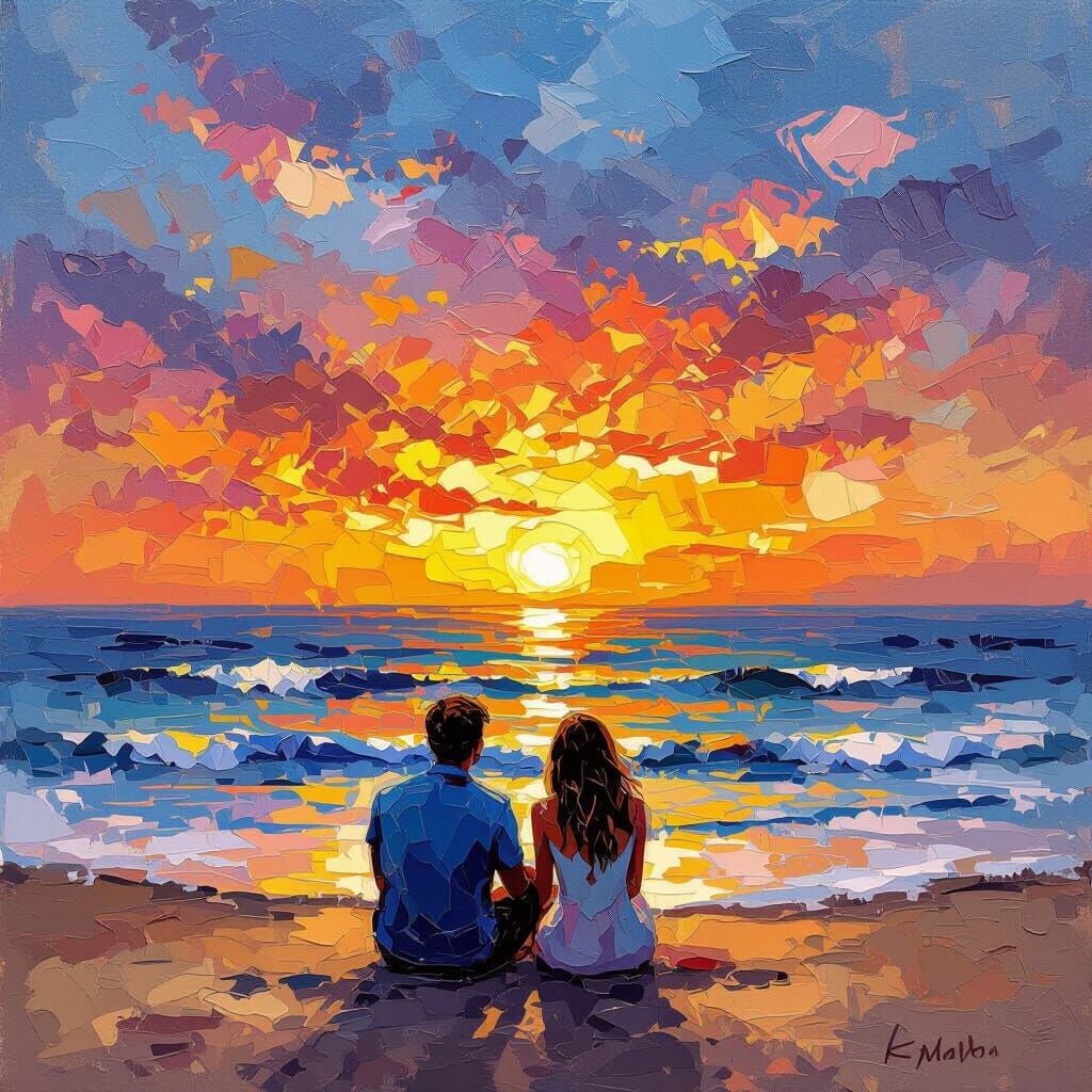 Couple Watches Sunset on Beach in Neo-Impressionist Style