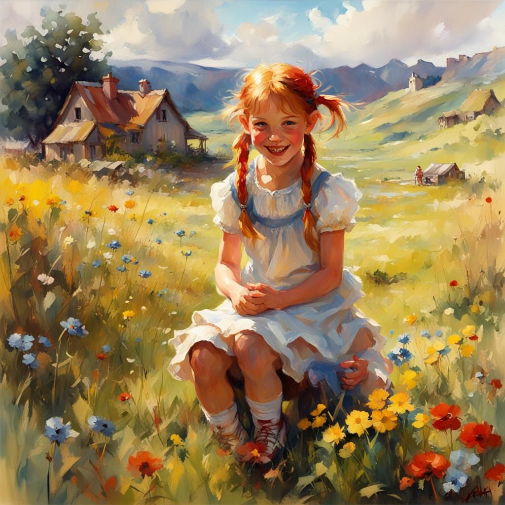 Children Playing in Meadow: 1930s Watercolor Style