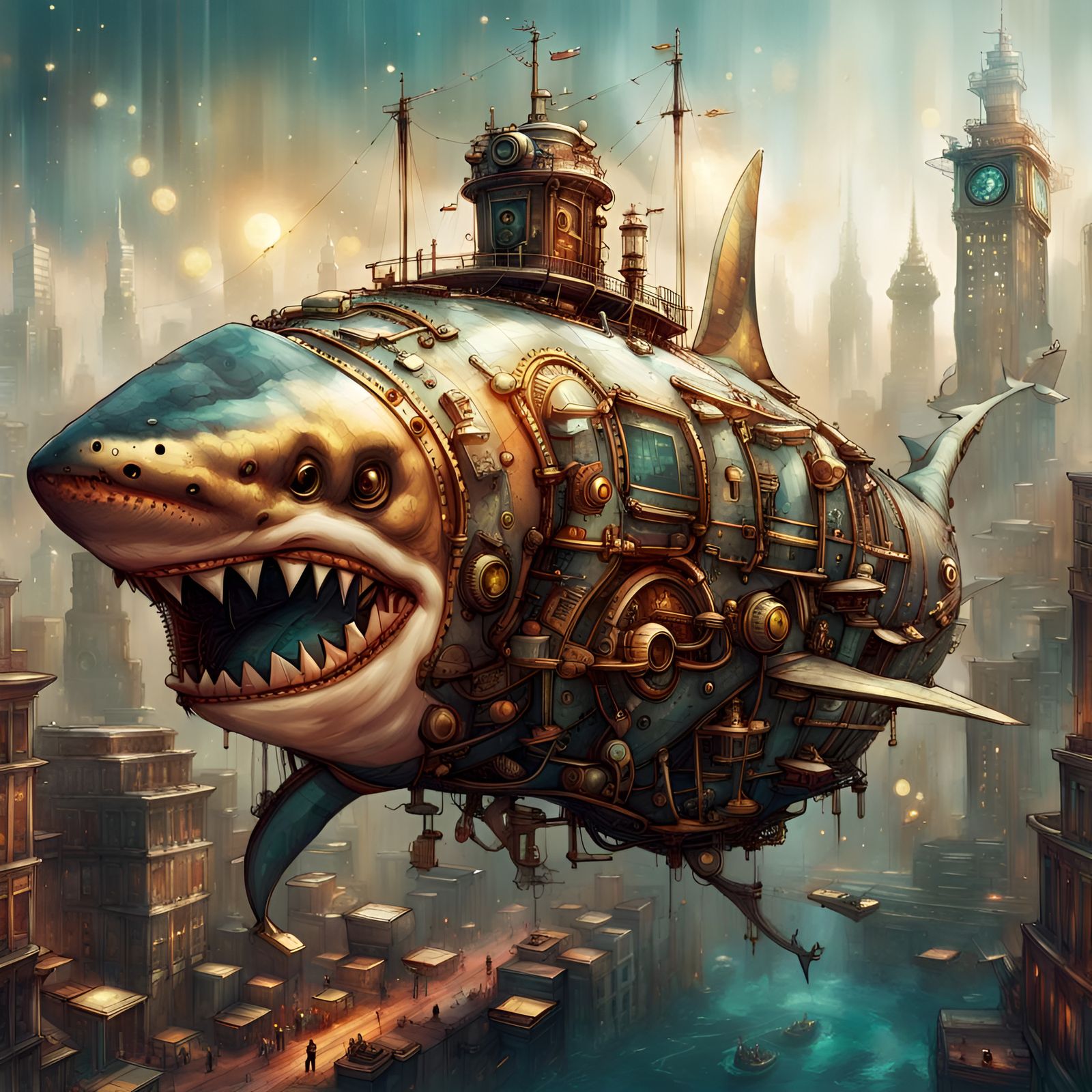 Steampunk Shark Airship Over Dusty Cityscape