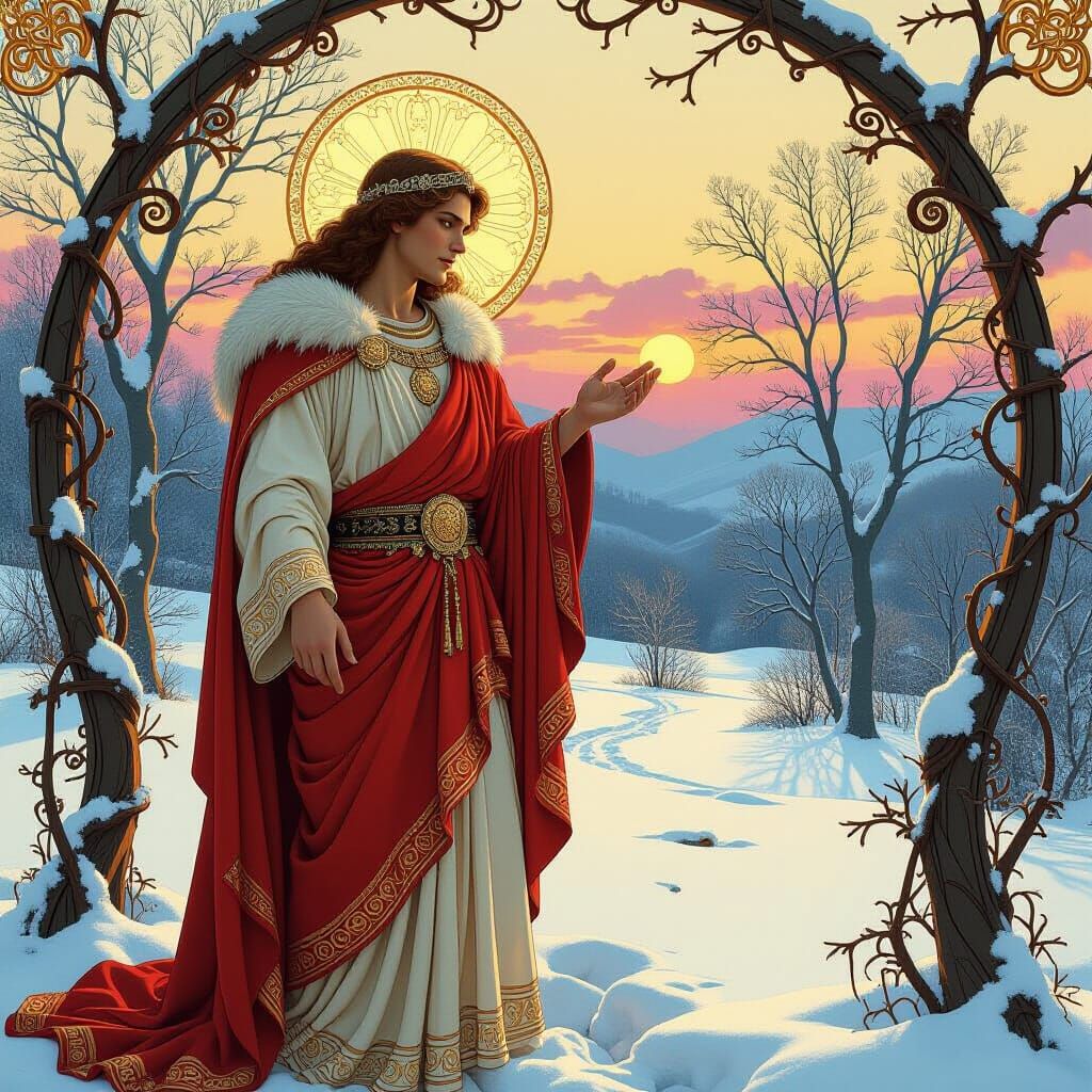 God Dionysius in Lavish Winter Attire, Art Nouveau Style