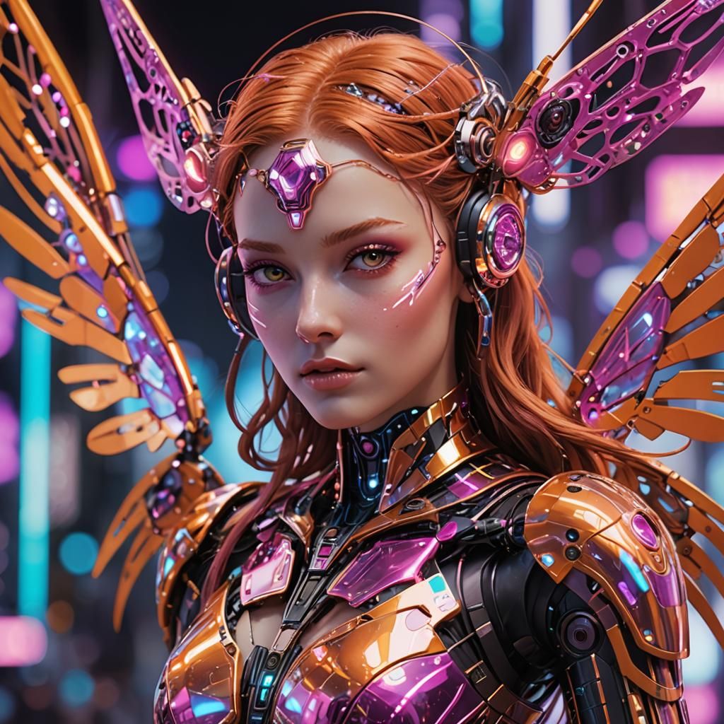 Cybernetic Fairy with Robotic Wings and Neon Halo