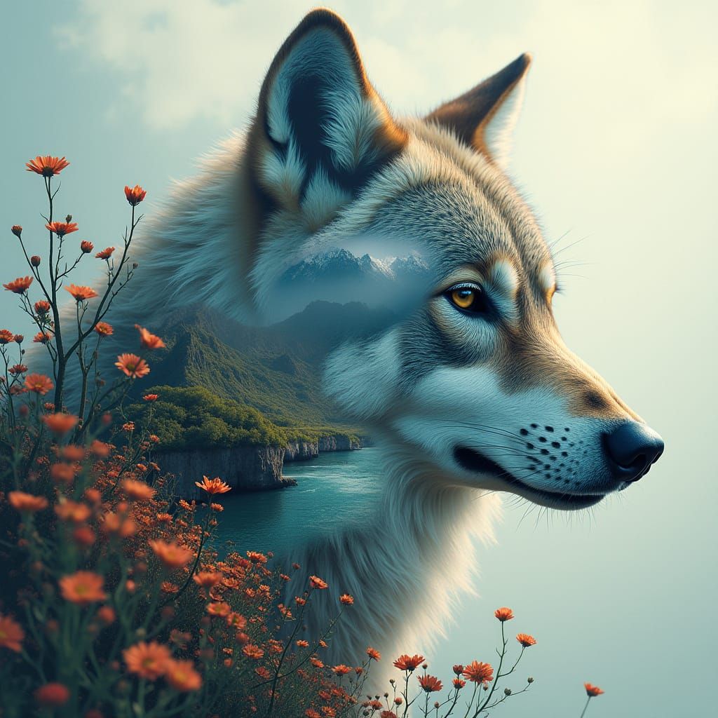 Surreal Wolf Double Exposure with Mountains and Stream